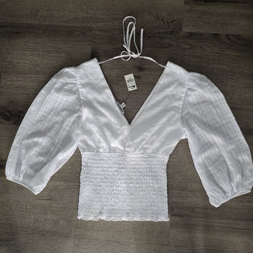 Express White Puff Sleeve Smocked Top